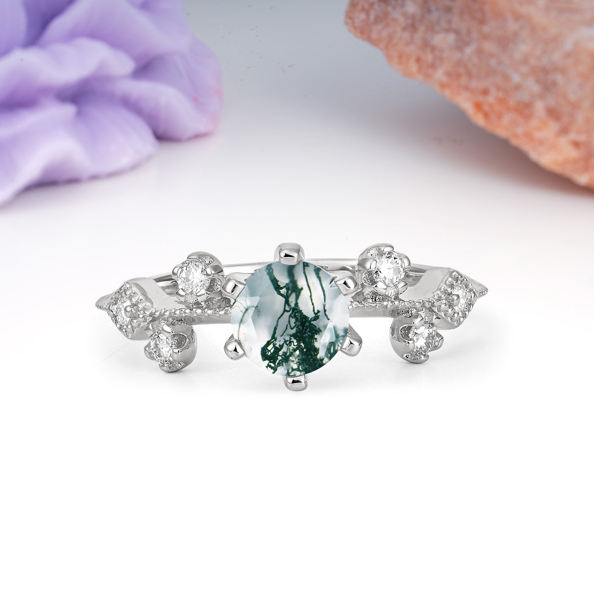 Classic, Minimalist 6-Prong Round Cut Moss Agate Engagement Ring - Additional view