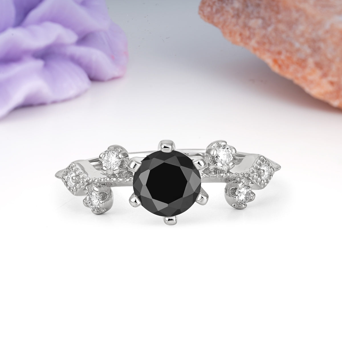 Classic, Minimalist 6-Prong Round Cut Black Onyx Engagement Ring - Additional view
