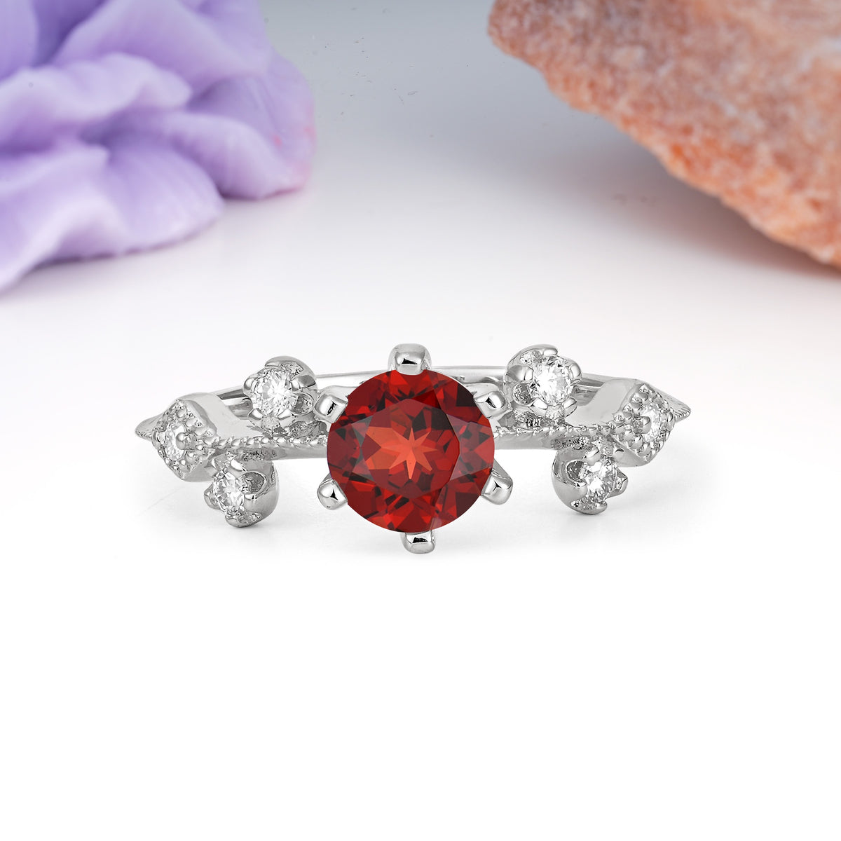 Classic, Minimalist 6-Prong Round Cut Garnet Engagement Ring - Additional view