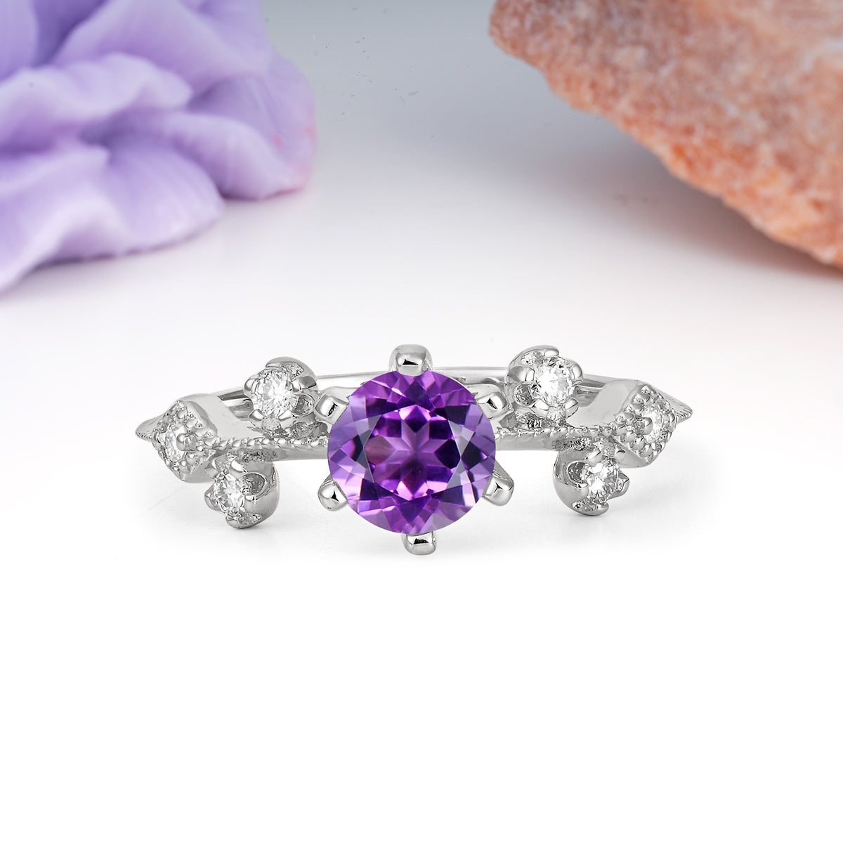 Classic, Minimalist 6-Prong Round Cut Amethyst Engagement Ring - Additional view