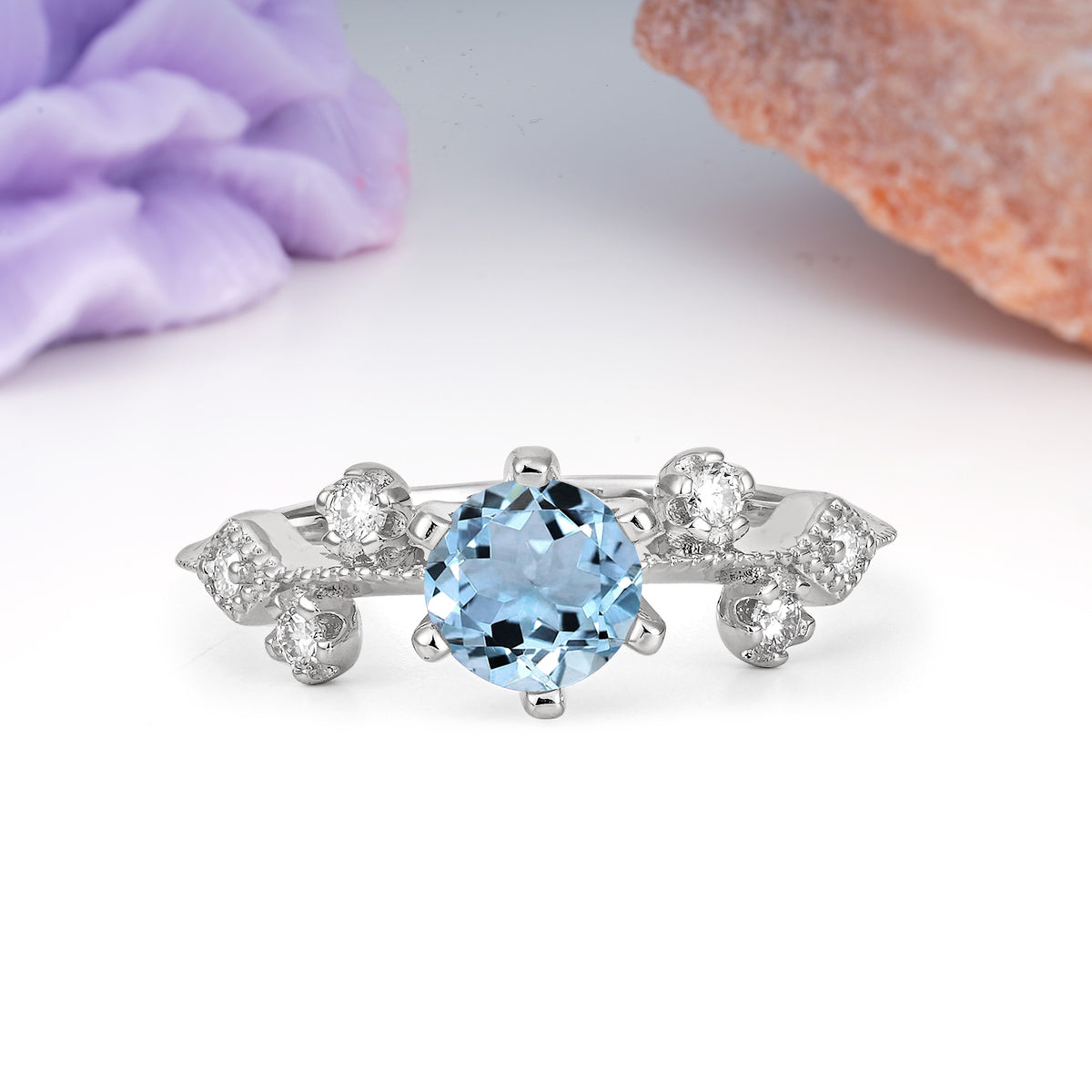 Classic, Minimalist 6-Prong Round Cut Aquamarine Engagement Ring - Additional view