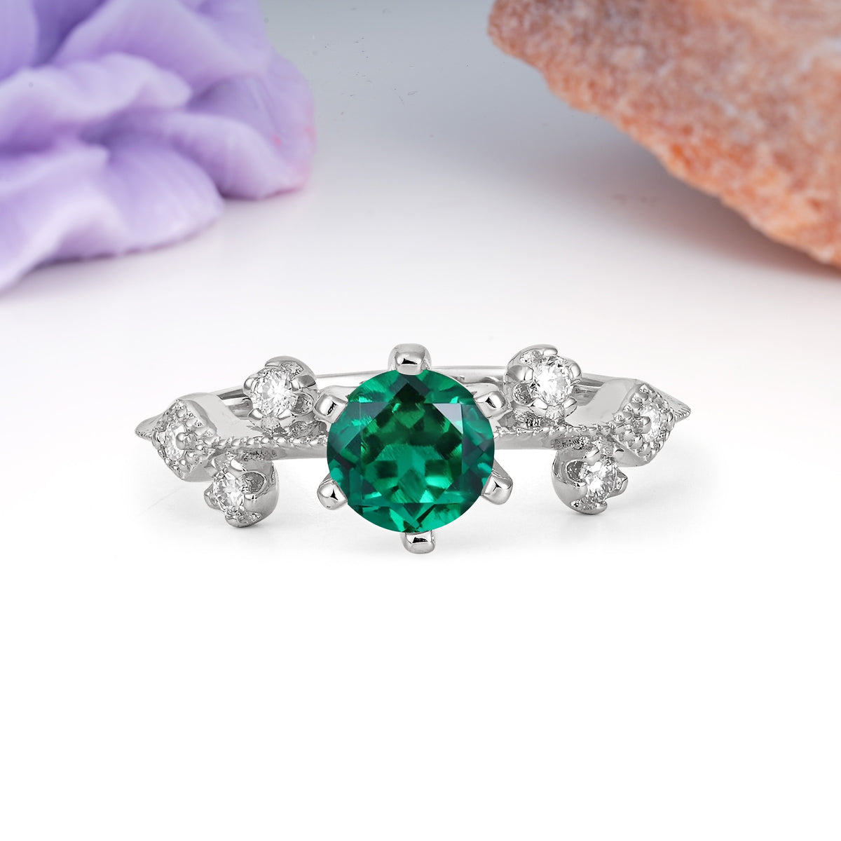 Classic, Minimalist 6-Prong Round Cut Emerald Engagement Ring - Additional view