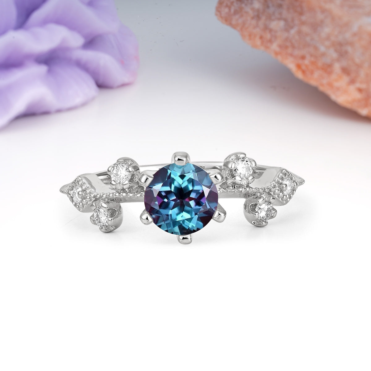 Classic, Minimalist 6-Prong Round Cut Alexandrite Engagement Ring - Additional view