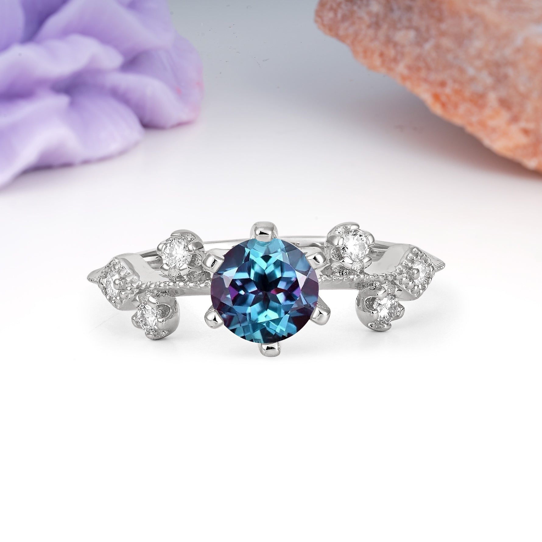 Classic, Minimalist 6-Prong Round Cut Alexandrite Engagement Ring - Additional view