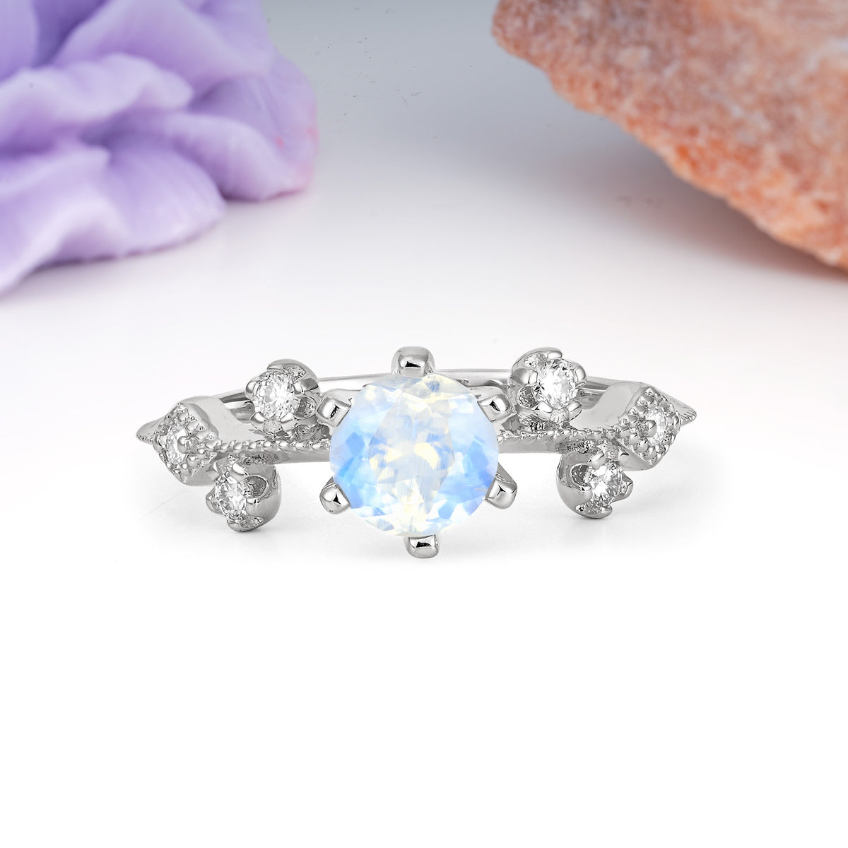 Classic, Minimalist 6-Prong Round Cut Moonstone Engagement Ring - Additional view