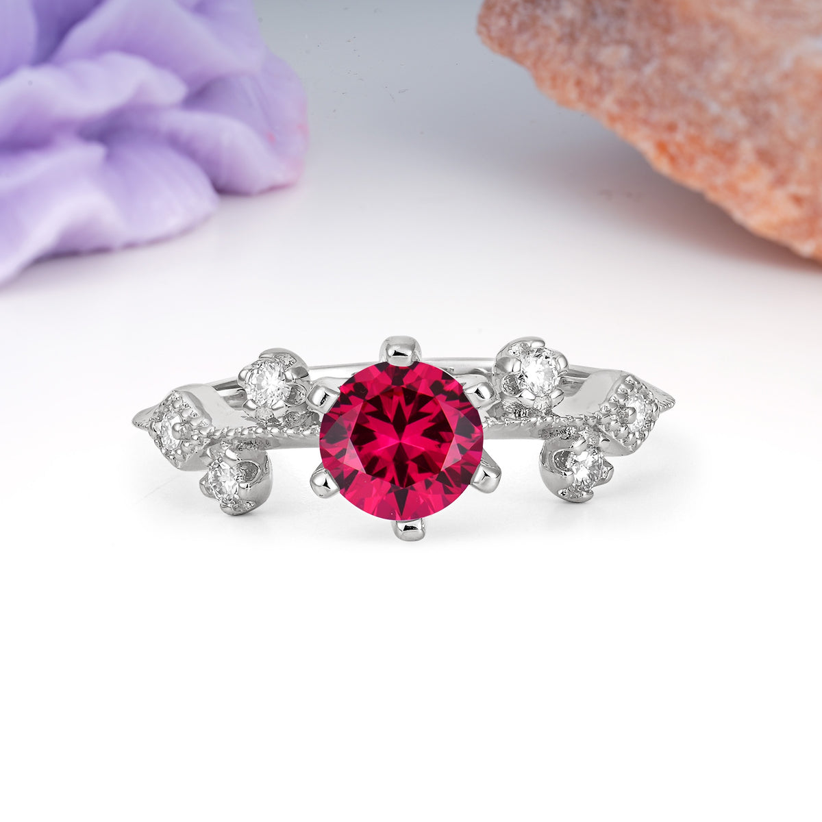 Classic, Minimalist 6-Prong Round Cut Ruby Engagement Ring - Additional view