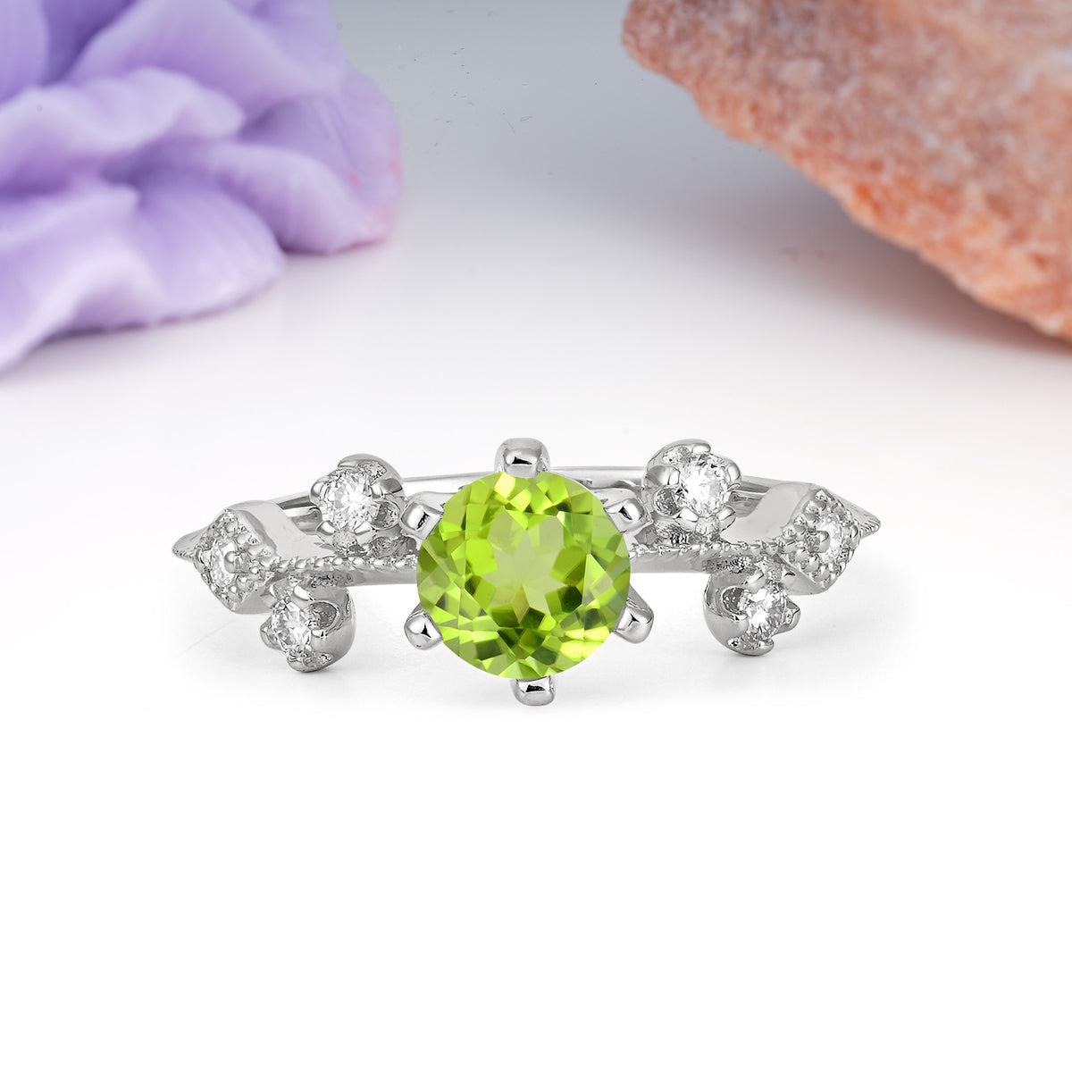 Classic, Minimalist 6-Prong Round Cut Peridot Engagement Ring - Additional view