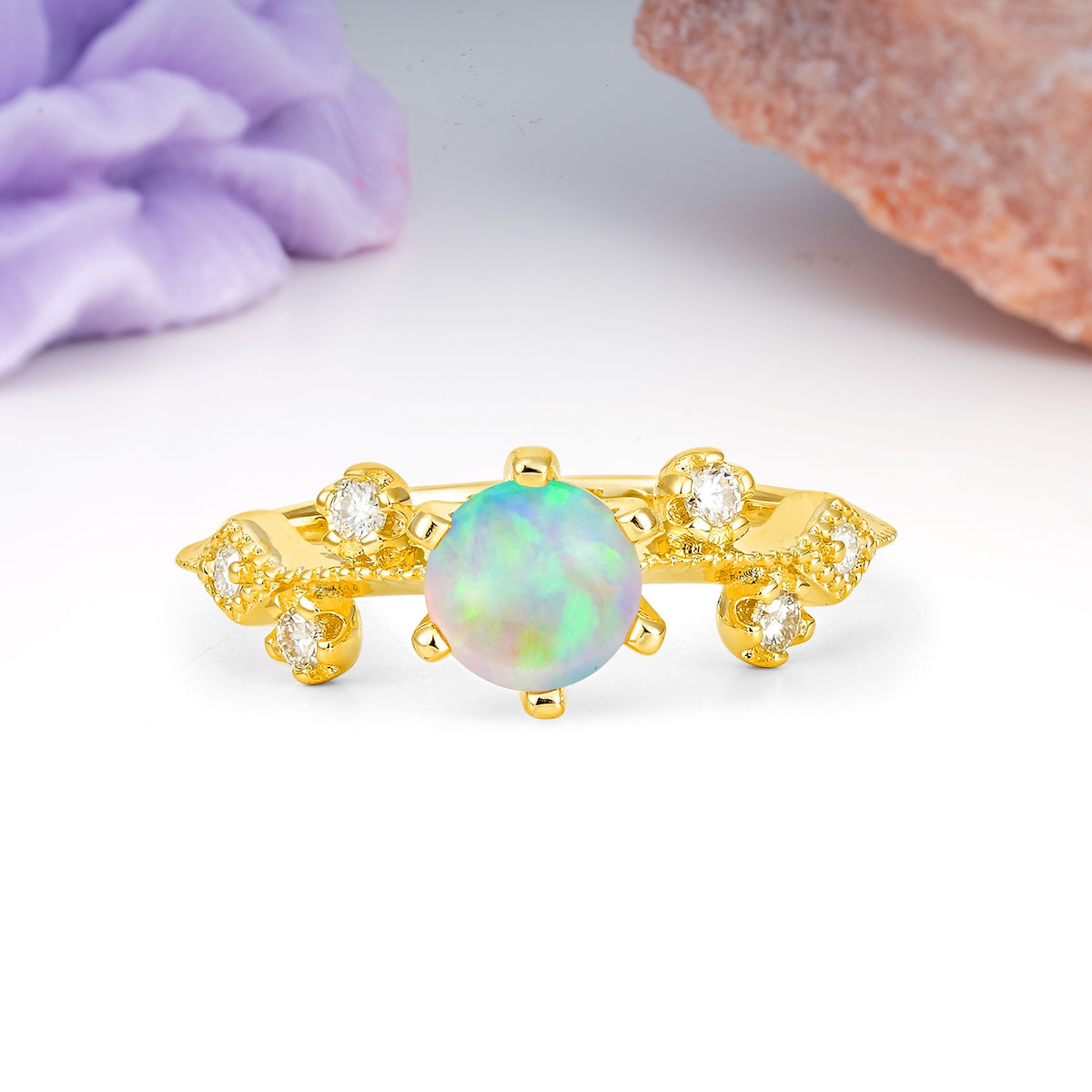 Classic, Minimalist 6-Prong Round Cut Fire Opal Engagement Ring - Additional view