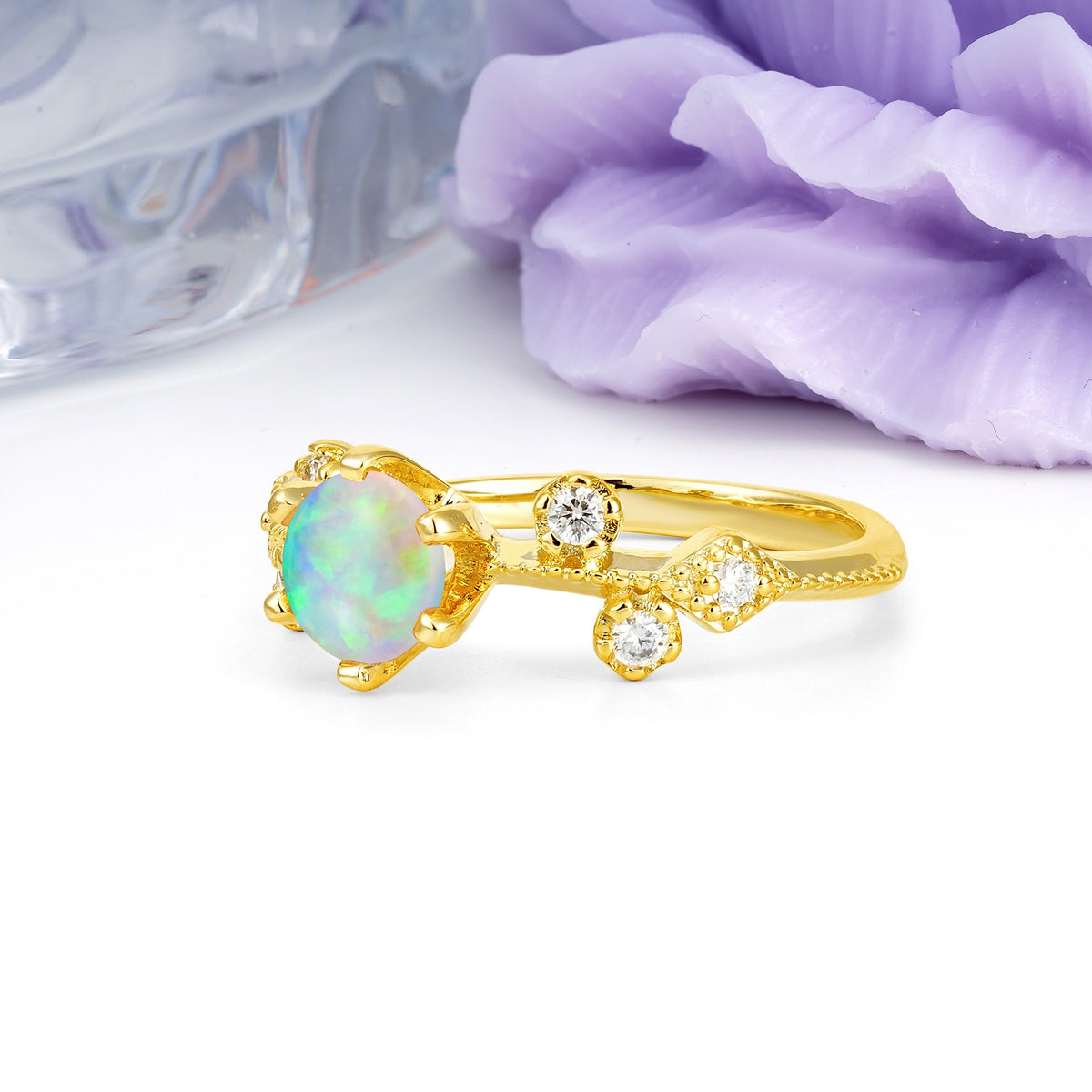 Classic, Minimalist 6-Prong Round Cut Fire Opal Engagement Ring - Additional view