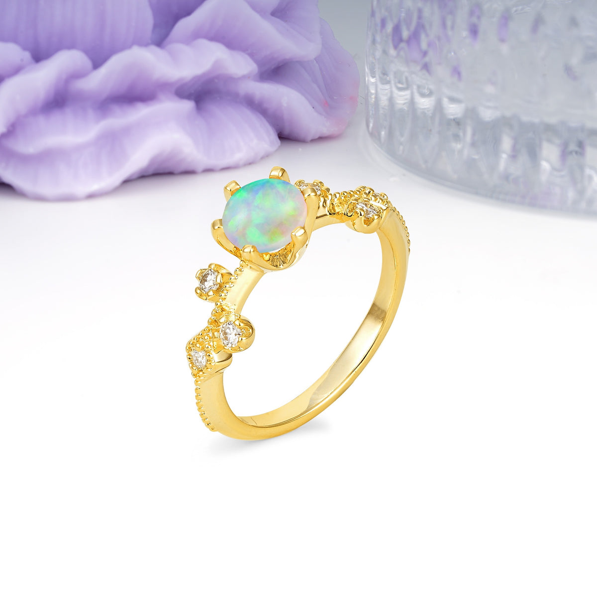 Classic, Minimalist 6-Prong Round Cut Fire Opal Engagement Ring - Additional view