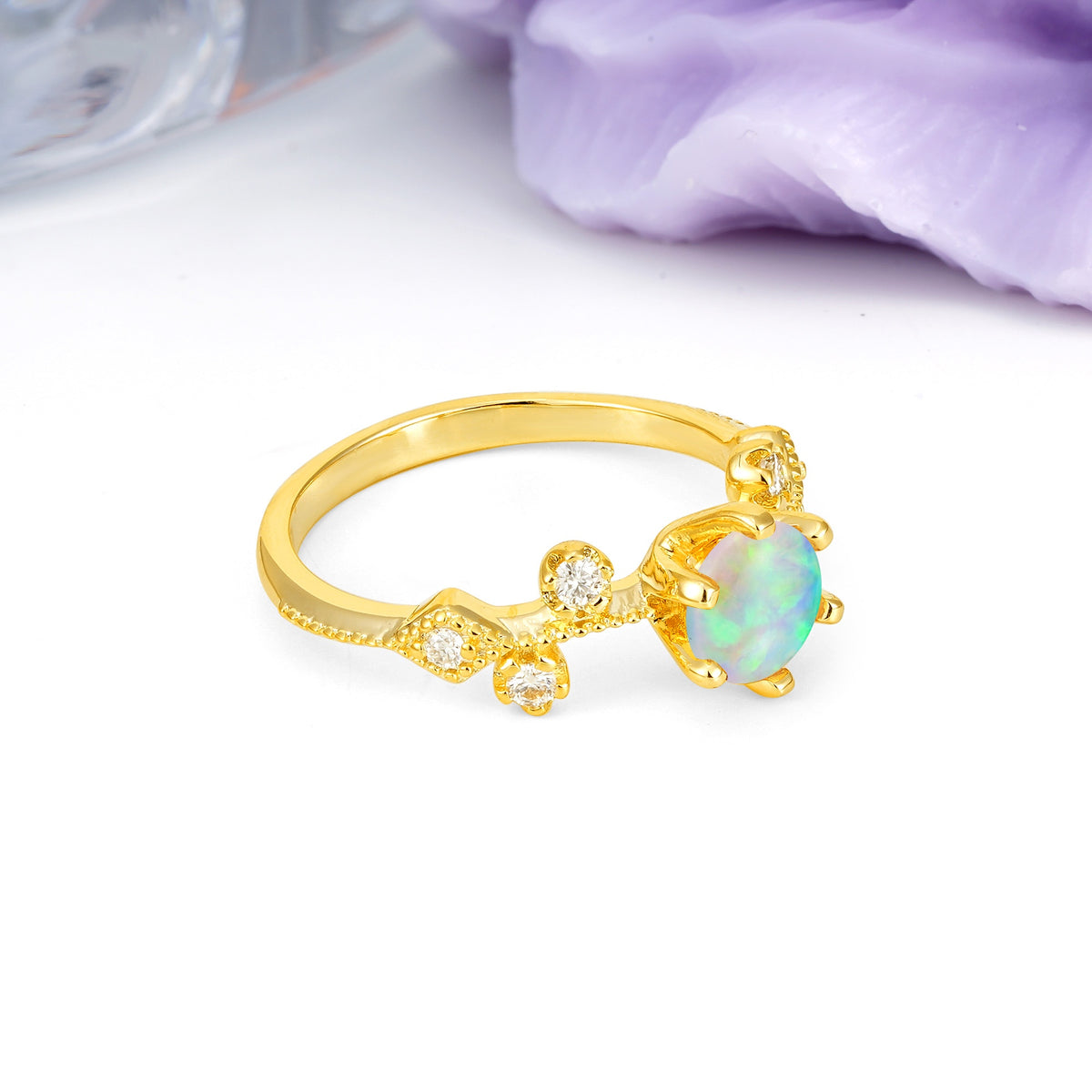 Classic, Minimalist 6-Prong Round Cut Fire Opal Engagement Ring - Additional view