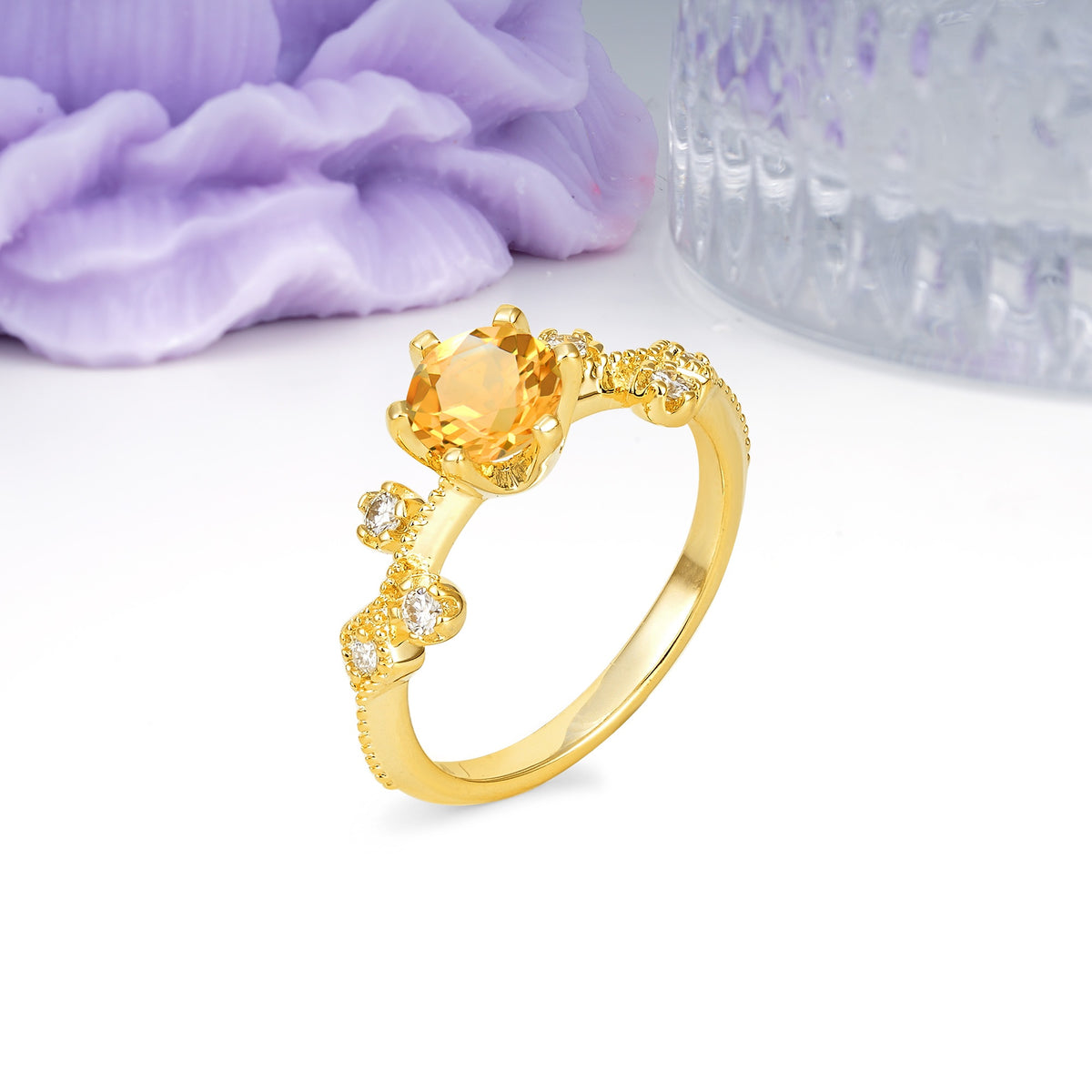 Classic, Minimalist 6-Prong Round Cut Citrine Engagement Ring - Additional view
