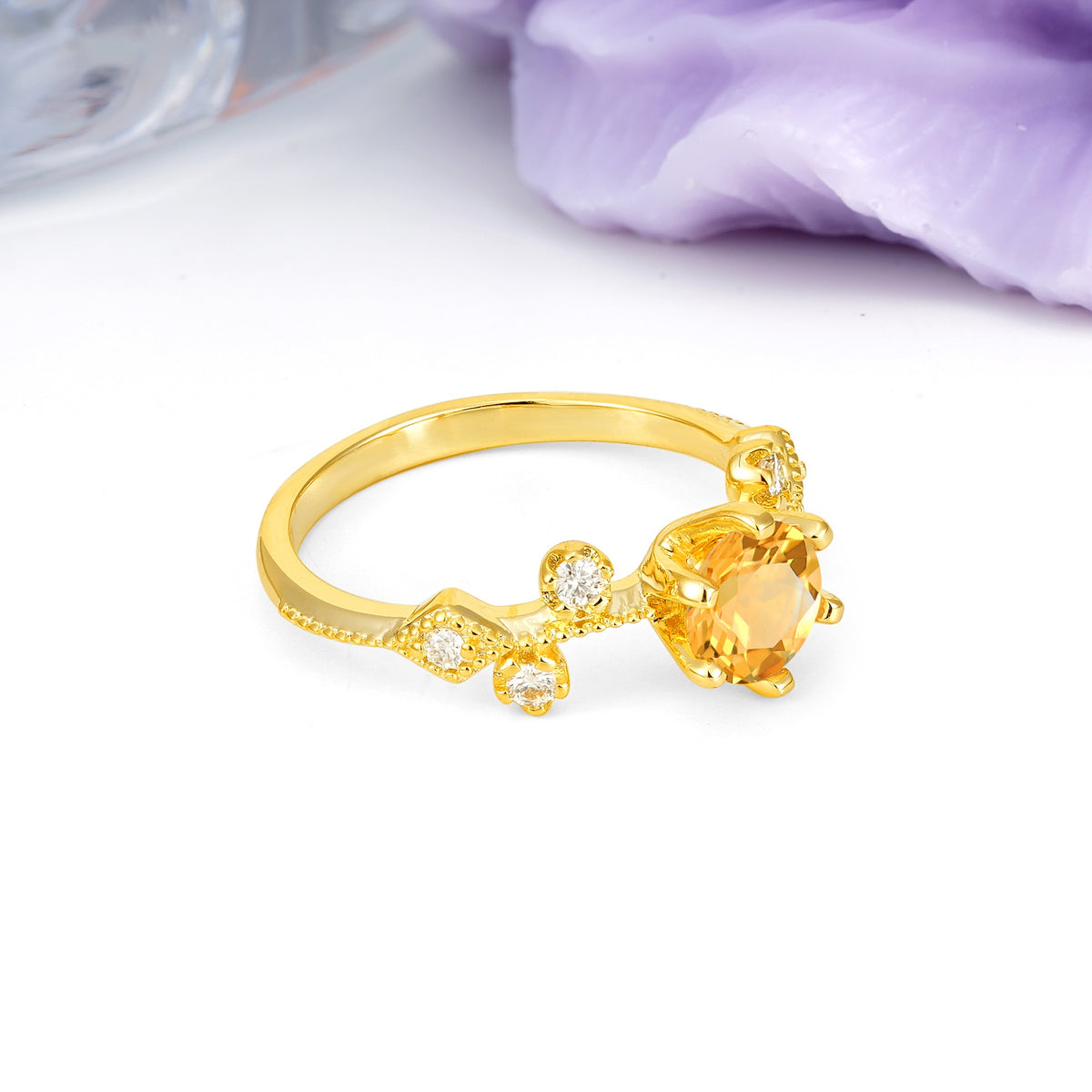 Classic, Minimalist 6-Prong Round Cut Citrine Engagement Ring - Additional view