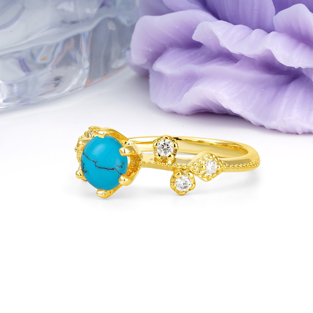 Classic, Minimalist 6-Prong Round Cut Turquoise Engagement Ring - Additional view