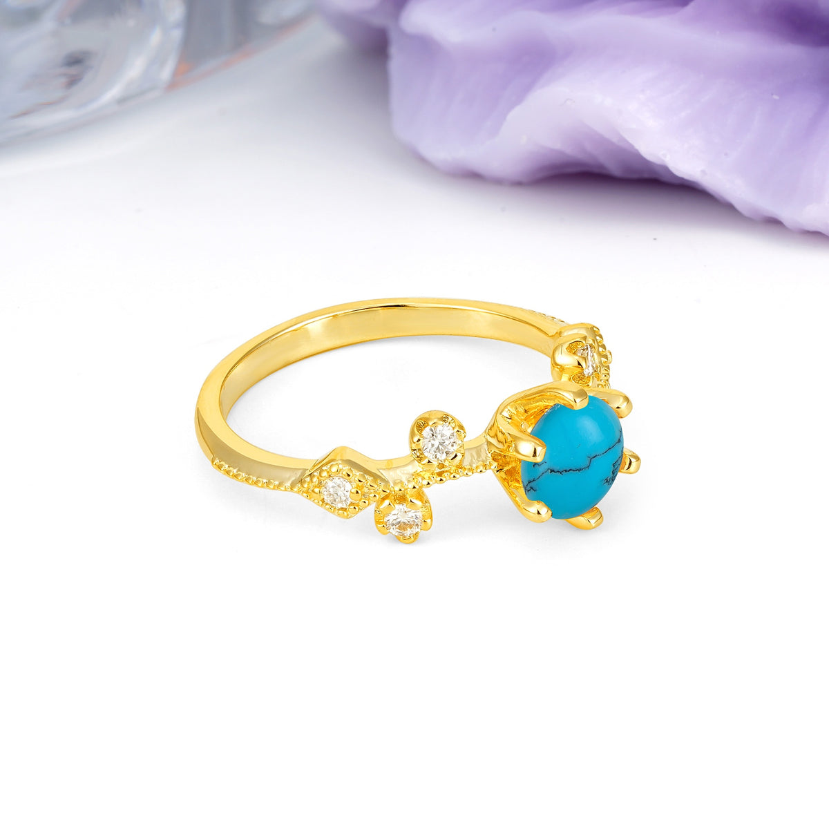 Classic, Minimalist 6-Prong Round Cut Turquoise Engagement Ring - Additional view