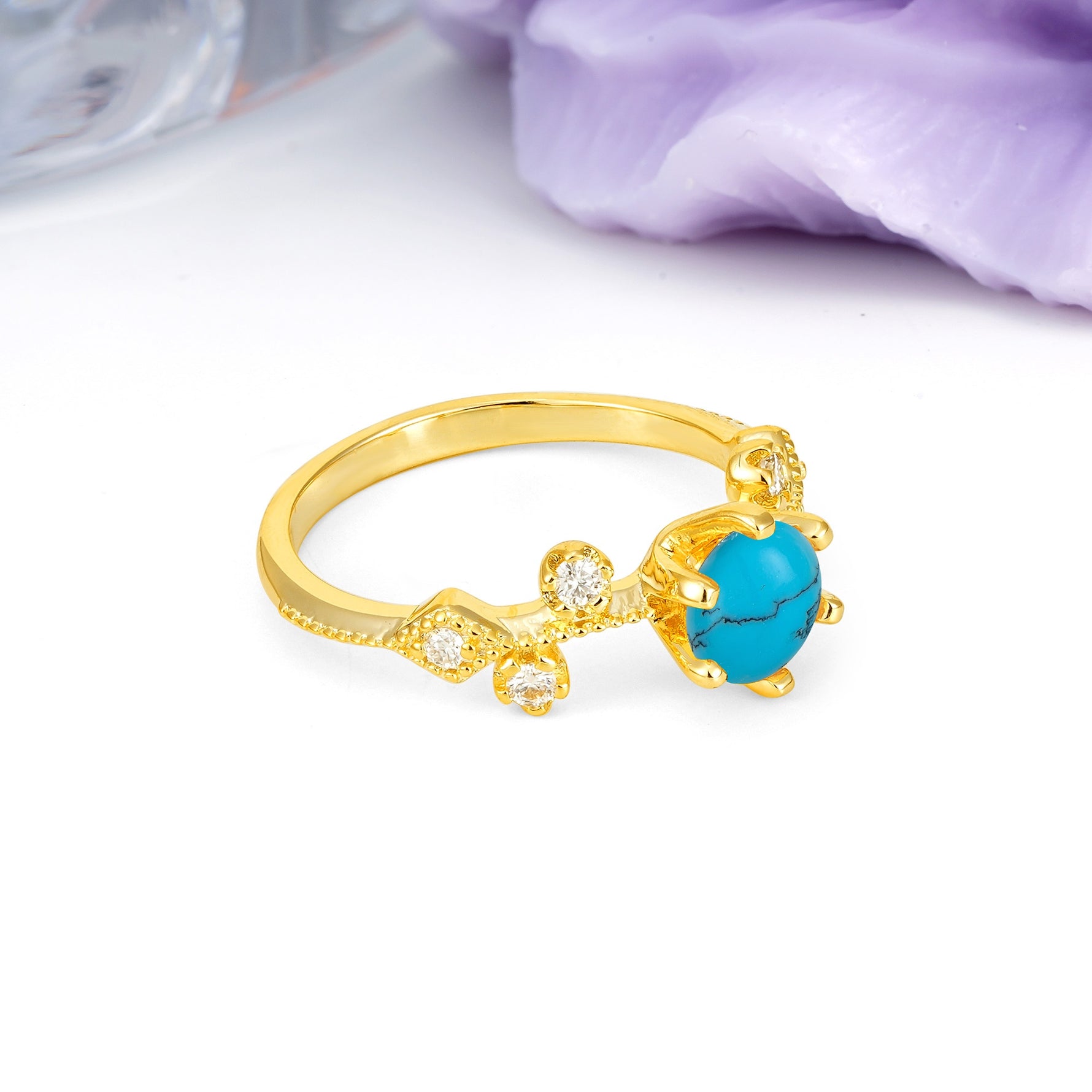 Classic, Minimalist 6-Prong Round Cut Turquoise Engagement Ring - Additional view