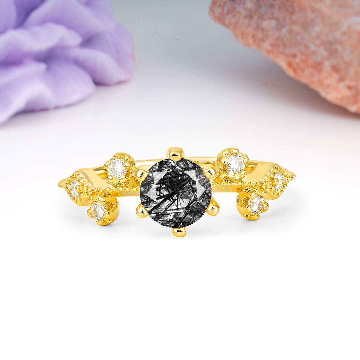 Classic, Minimalist 6-Prong Round Cut Black Rutilated Quartz Engagement Ring - Additional view