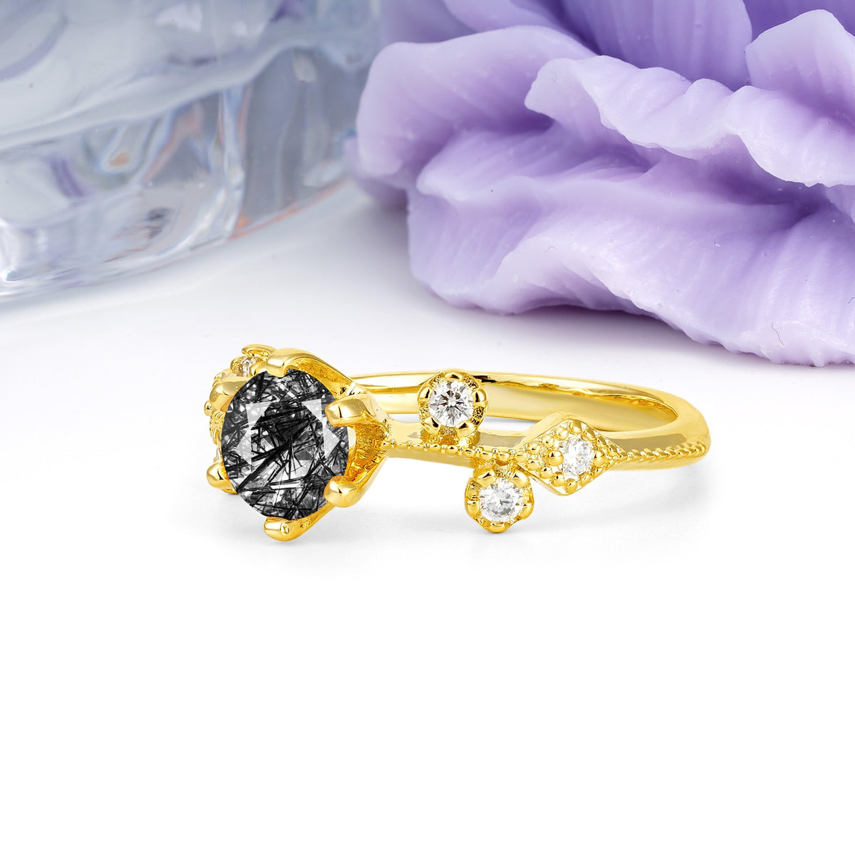 Classic, Minimalist 6-Prong Round Cut Black Rutilated Quartz Engagement Ring - Additional view