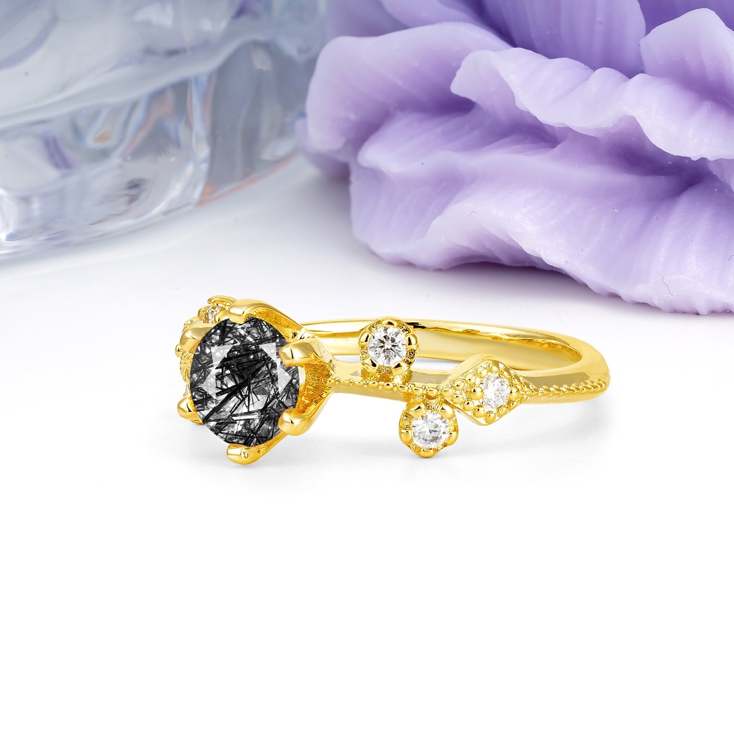 Classic, Minimalist 6-Prong Round Cut Black Rutilated Quartz Engagement Ring - Additional view