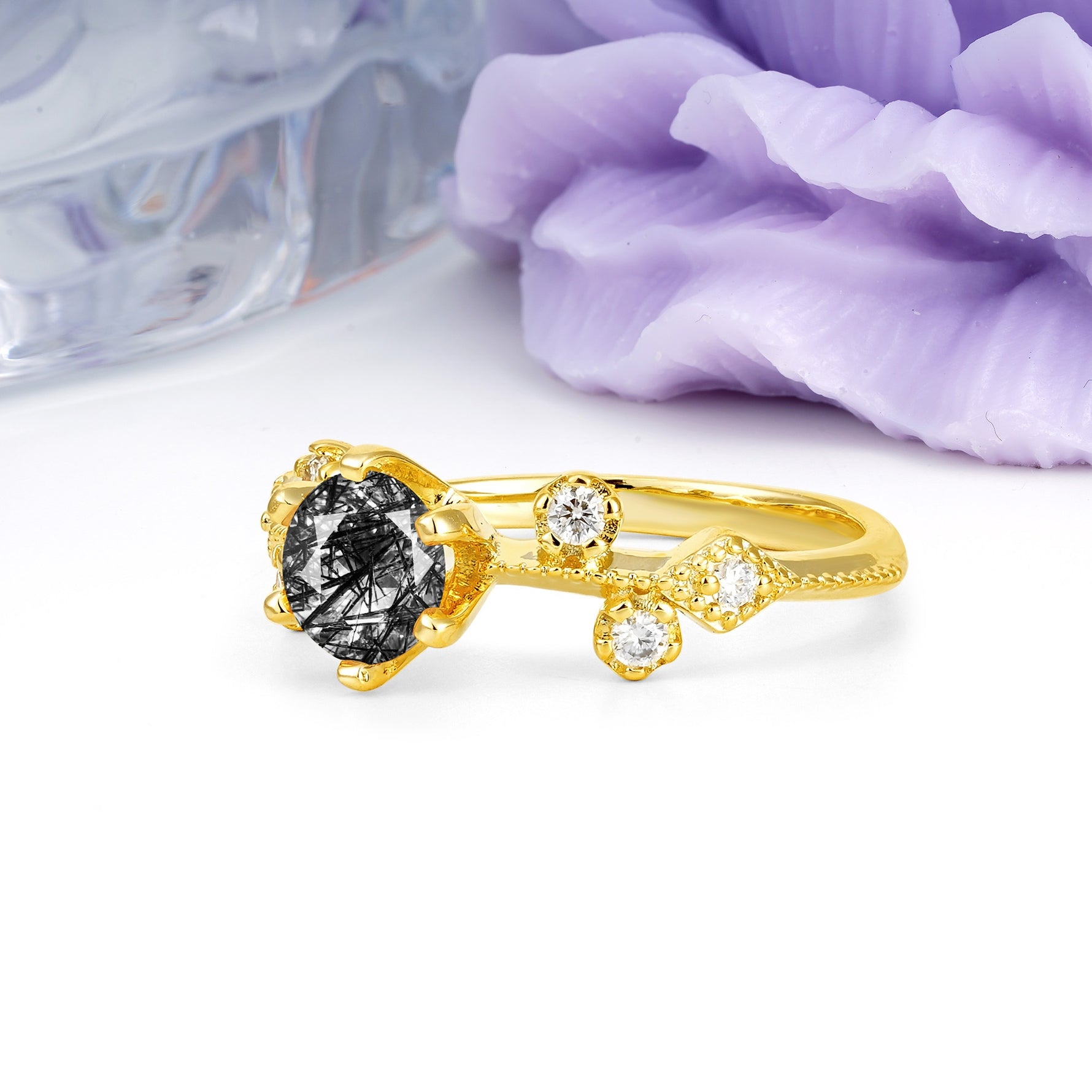 Classic, Minimalist 6-Prong Round Cut Black Rutilated Quartz Engagement Ring - Additional view