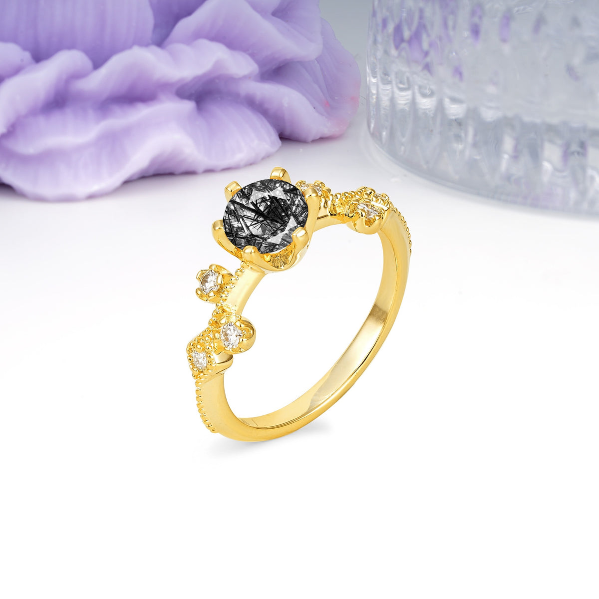 Classic, Minimalist 6-Prong Round Cut Black Rutilated Quartz Engagement Ring - Additional view