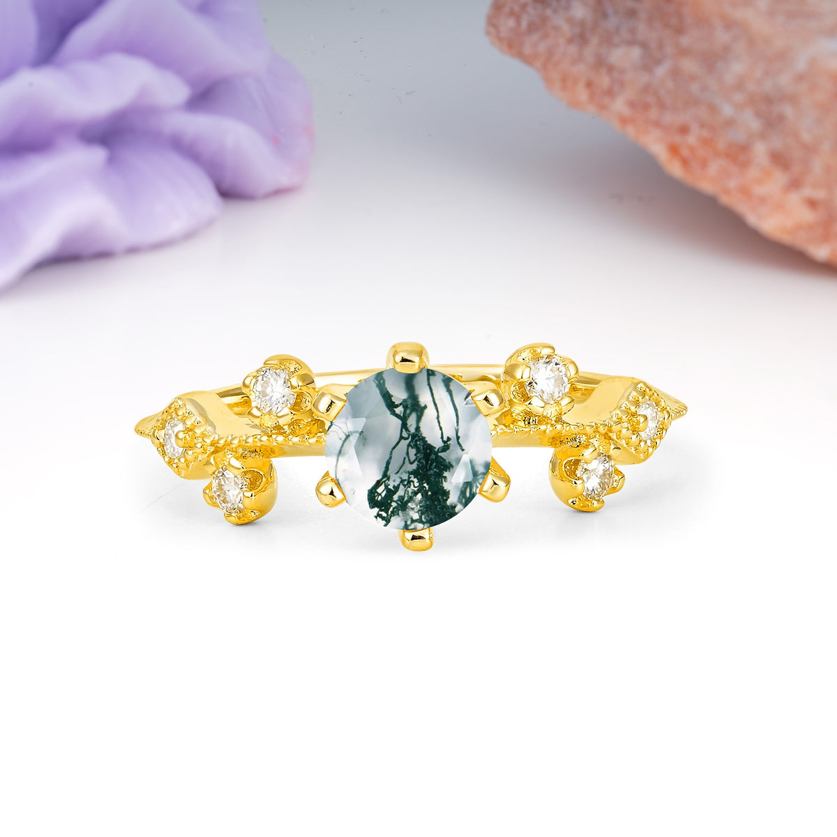 Classic, Minimalist 6-Prong Round Cut Moss Agate Engagement Ring - Additional view