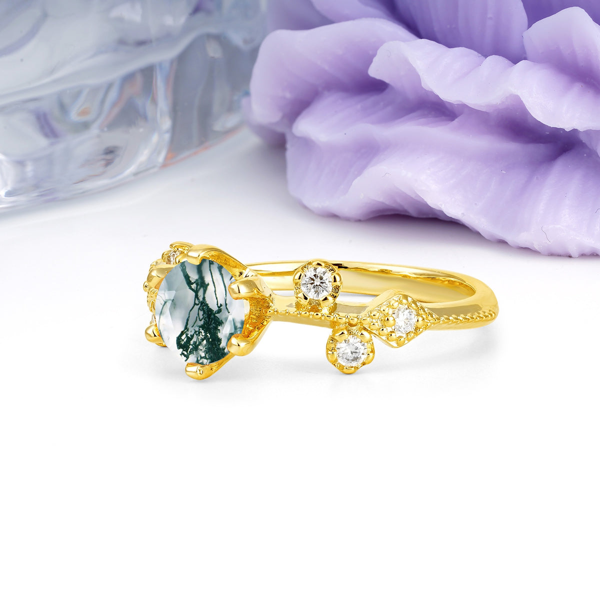 Classic, Minimalist 6-Prong Round Cut Moss Agate Engagement Ring - Additional view