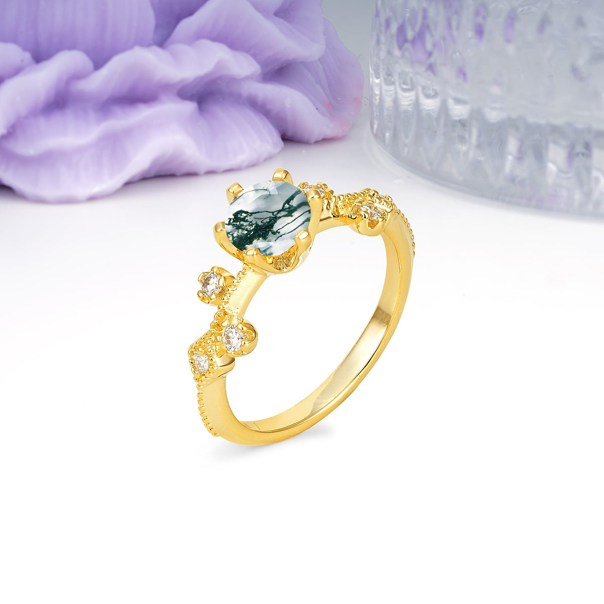 Classic, Minimalist 6-Prong Round Cut Moss Agate Engagement Ring - Additional view