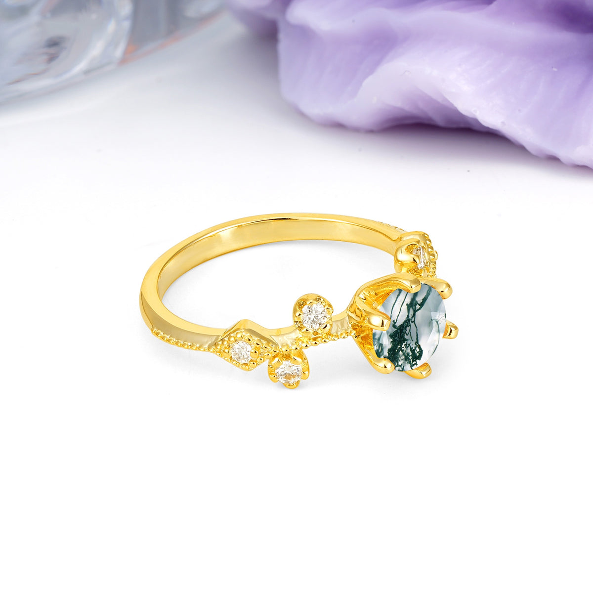 Classic, Minimalist 6-Prong Round Cut Moss Agate Engagement Ring - Additional view