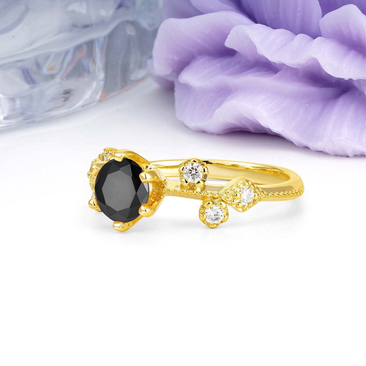 Classic, Minimalist 6-Prong Round Cut Black Onyx Engagement Ring - Additional view