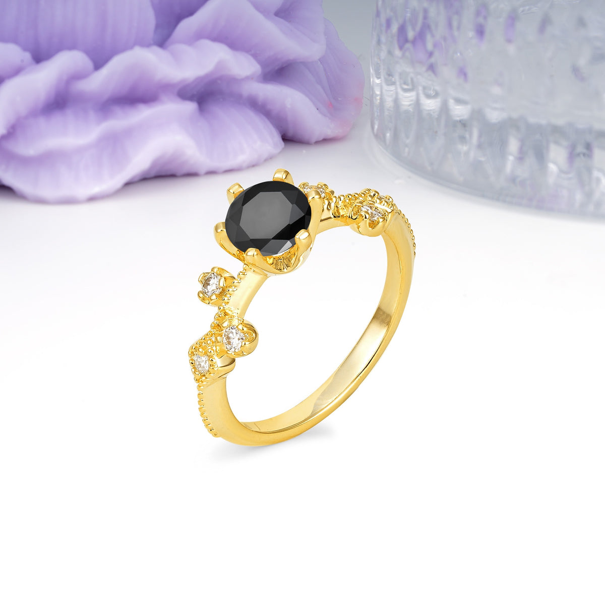 Classic, Minimalist 6-Prong Round Cut Black Onyx Engagement Ring - Additional view