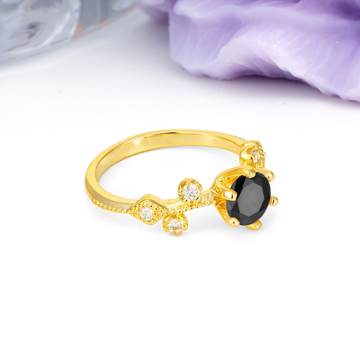 Classic, Minimalist 6-Prong Round Cut Black Onyx Engagement Ring - Additional view