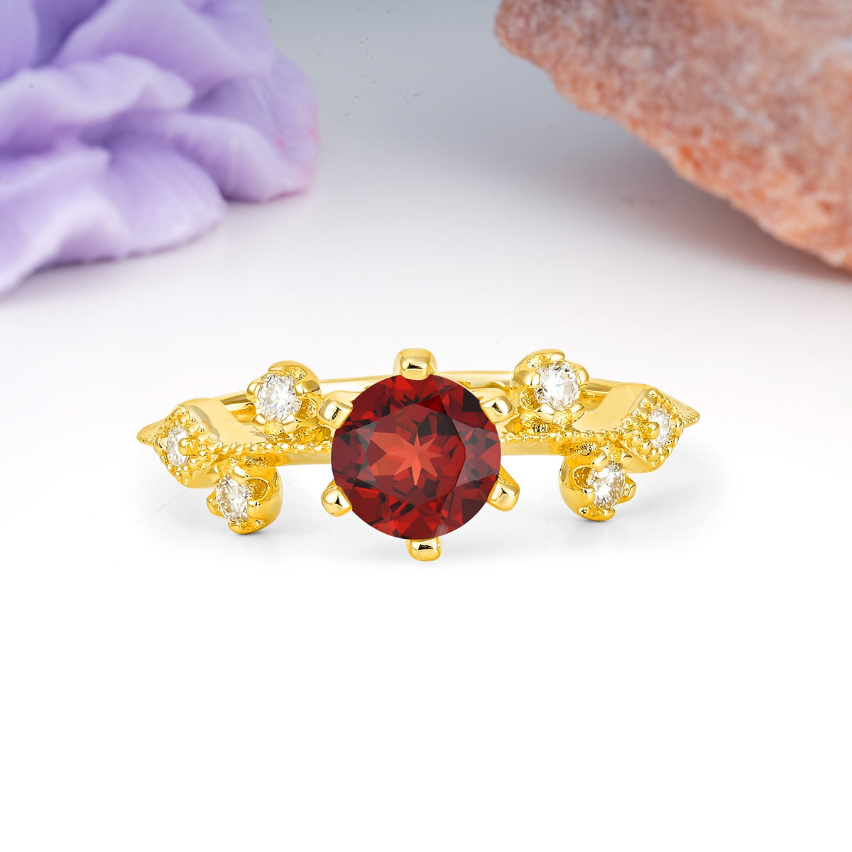 Classic, Minimalist 6-Prong Round Cut Garnet Engagement Ring - Additional view