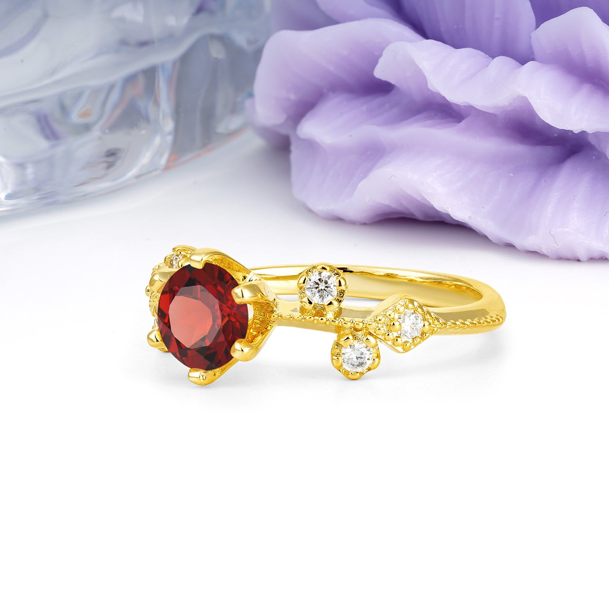 Classic, Minimalist 6-Prong Round Cut Garnet Engagement Ring - Additional view