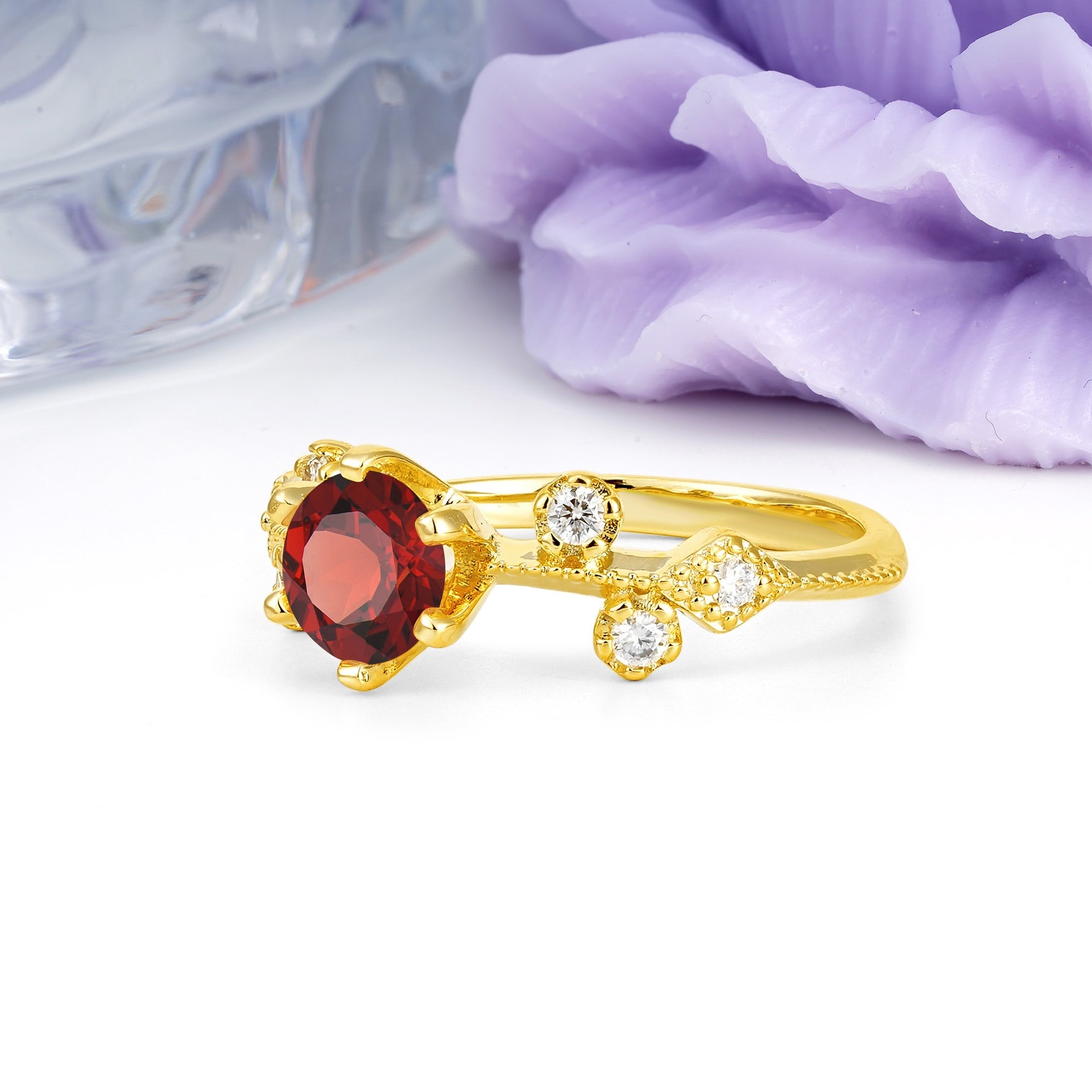 Classic, Minimalist 6-Prong Round Cut Garnet Engagement Ring - Additional view