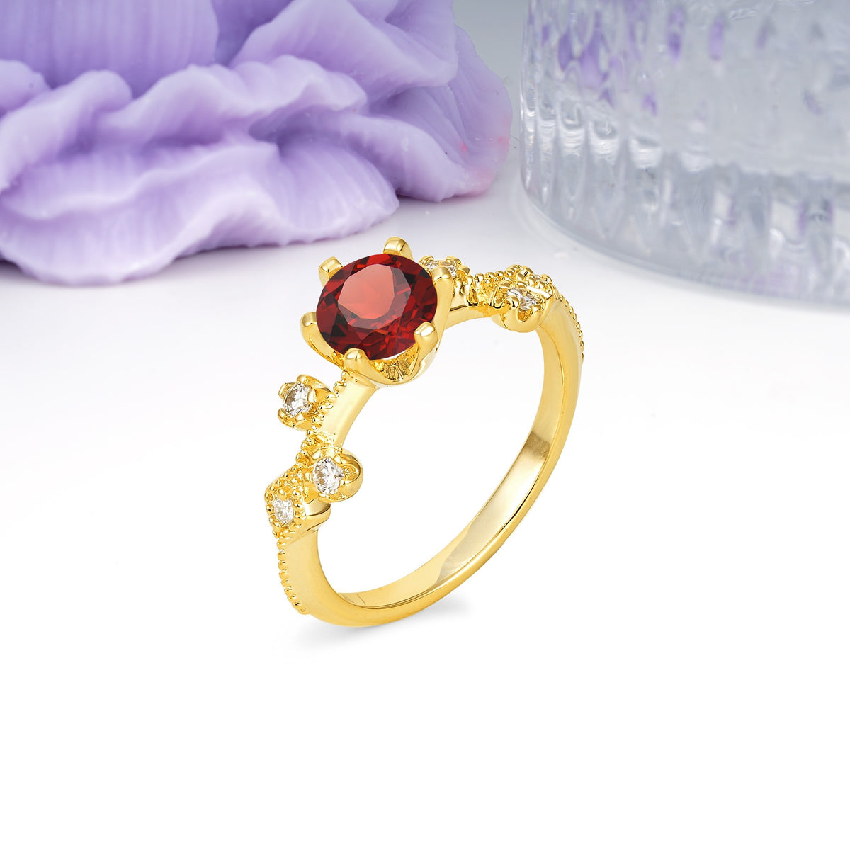 Classic, Minimalist 6-Prong Round Cut Garnet Engagement Ring - Additional view