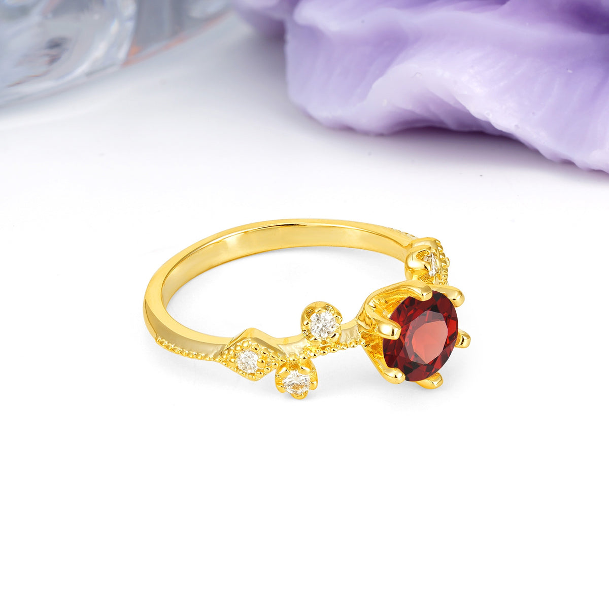 Classic, Minimalist 6-Prong Round Cut Garnet Engagement Ring - Additional view