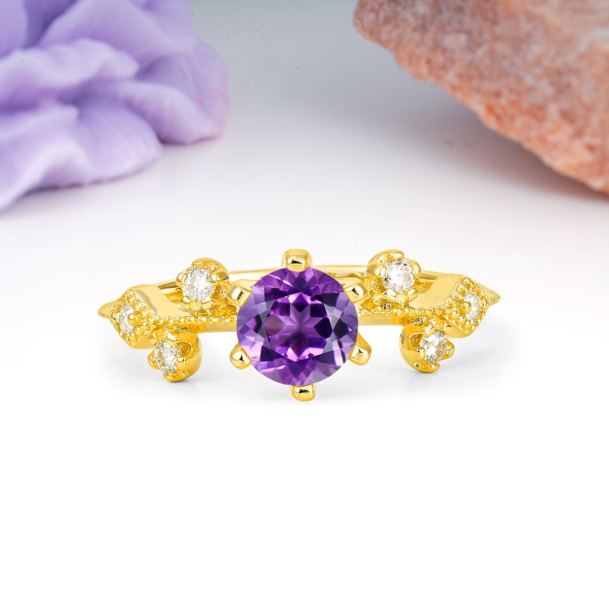 Classic, Minimalist 6-Prong Round Cut Amethyst Engagement Ring - Additional view