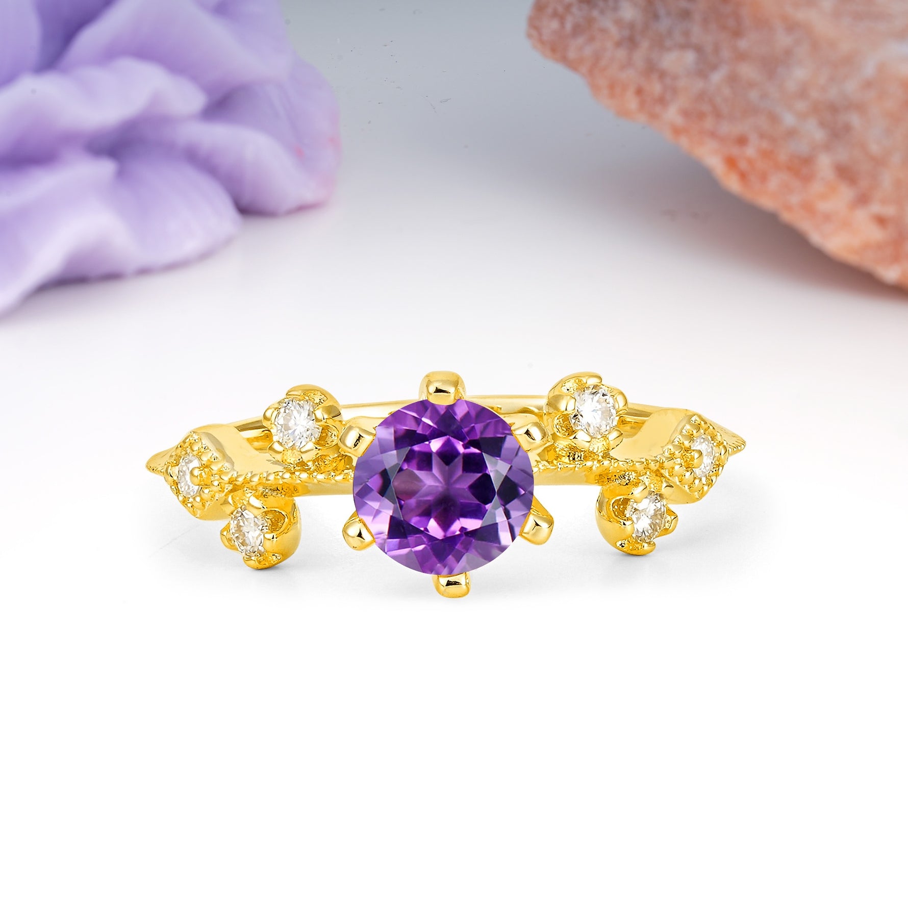 Classic, Minimalist 6-Prong Round Cut Amethyst Engagement Ring - Additional view