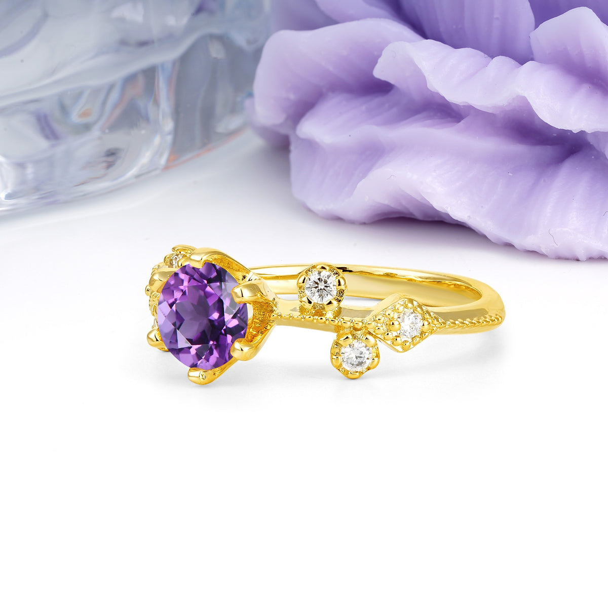 Classic, Minimalist 6-Prong Round Cut Amethyst Engagement Ring - Additional view