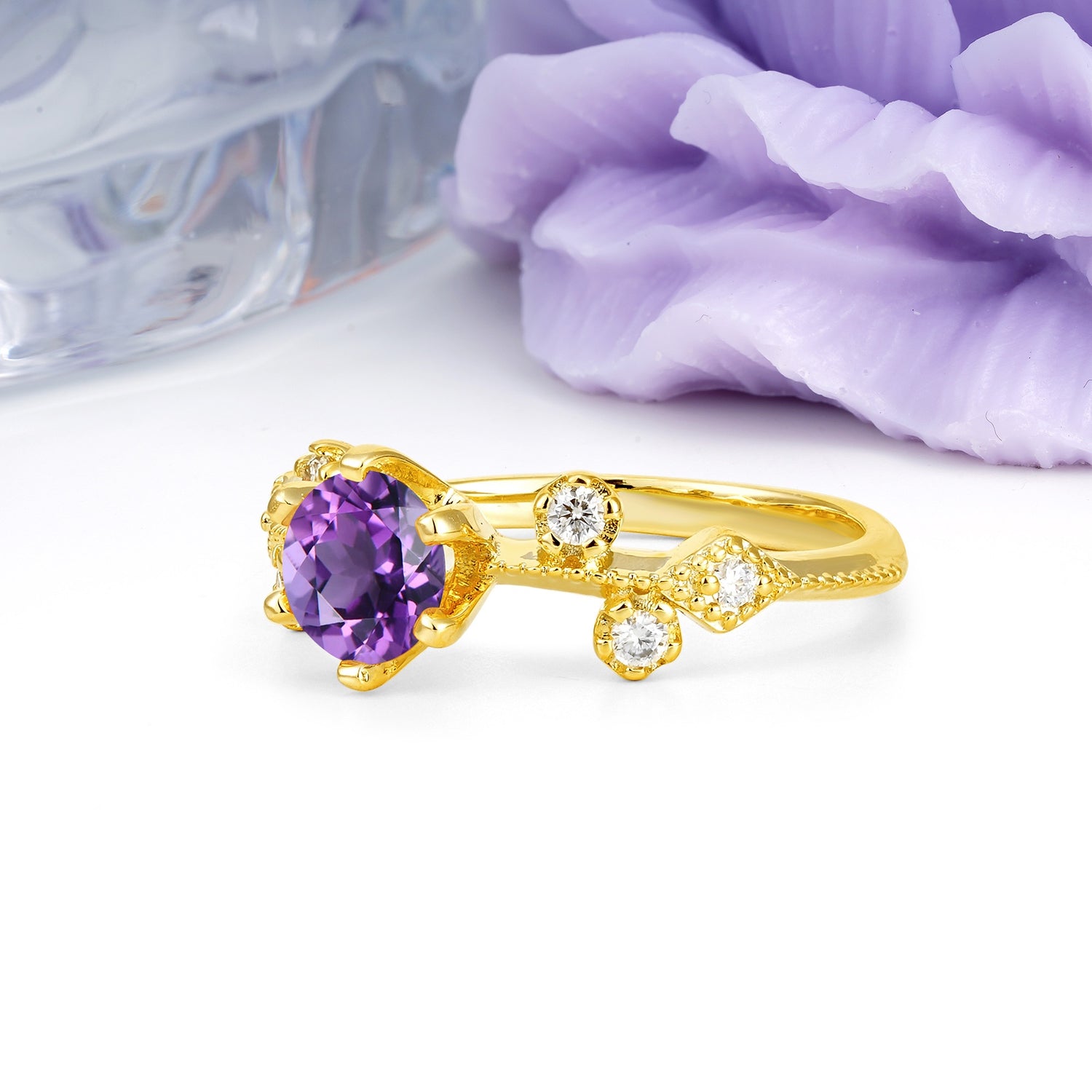 Classic, Minimalist 6-Prong Round Cut Amethyst Engagement Ring - Additional view