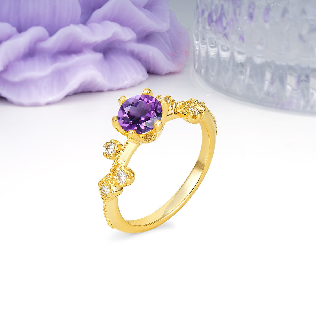 Classic, Minimalist 6-Prong Round Cut Amethyst Engagement Ring - Additional view