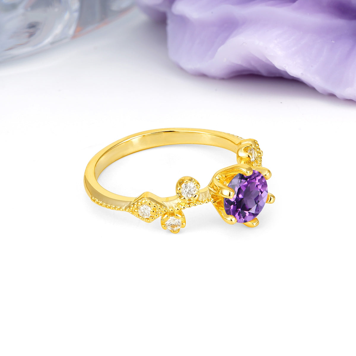 Classic, Minimalist 6-Prong Round Cut Amethyst Engagement Ring - Additional view