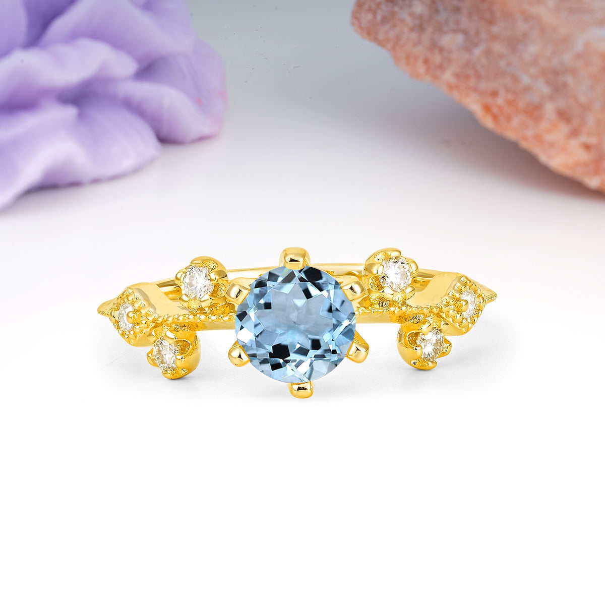 Classic, Minimalist 6-Prong Round Cut Aquamarine Engagement Ring - Additional view