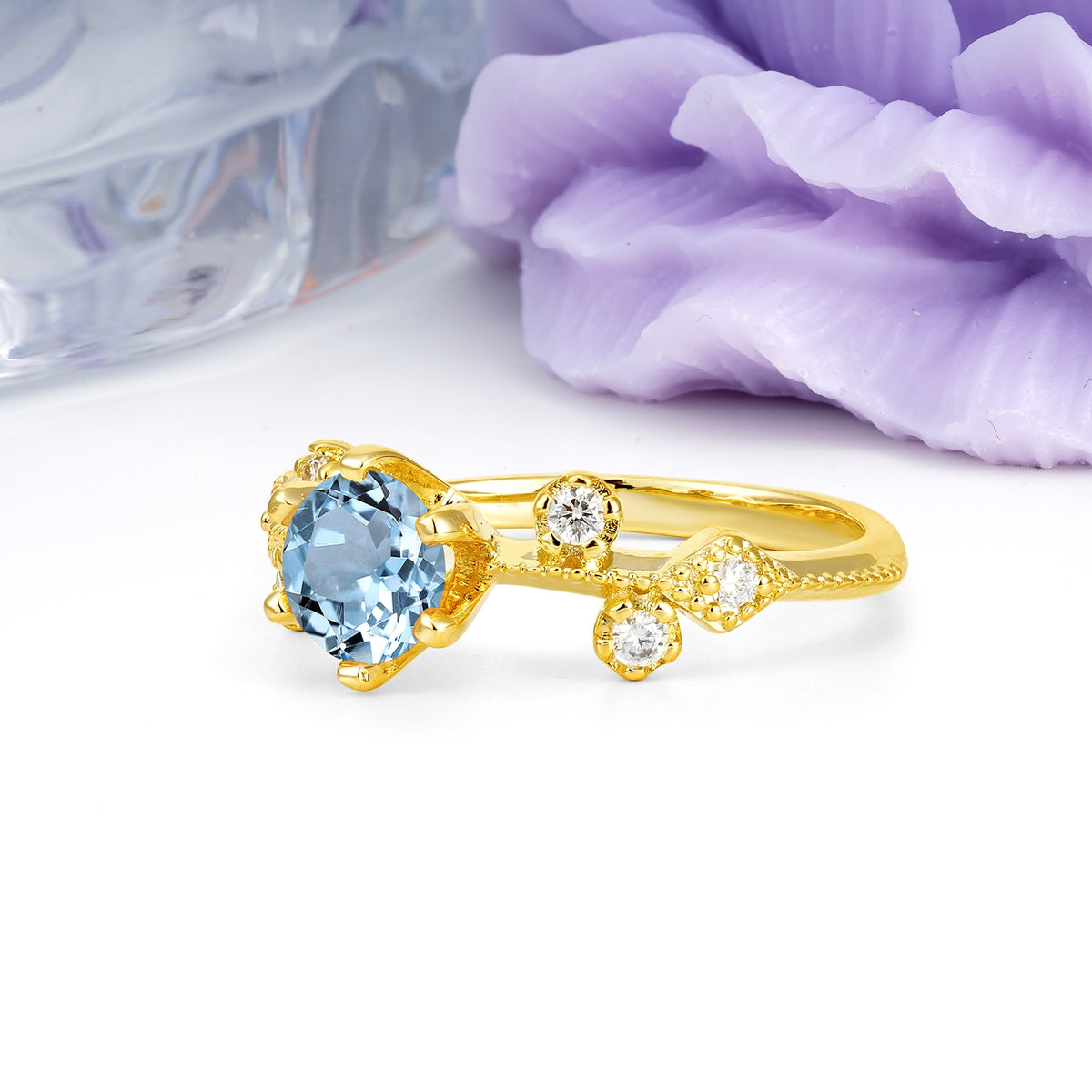 Classic, Minimalist 6-Prong Round Cut Aquamarine Engagement Ring - Additional view