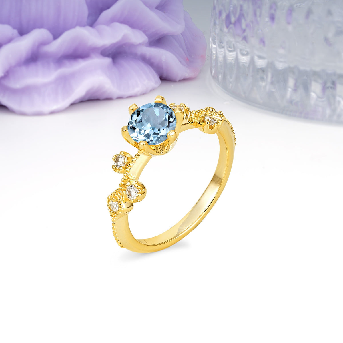 Classic, Minimalist 6-Prong Round Cut Aquamarine Engagement Ring - Additional view