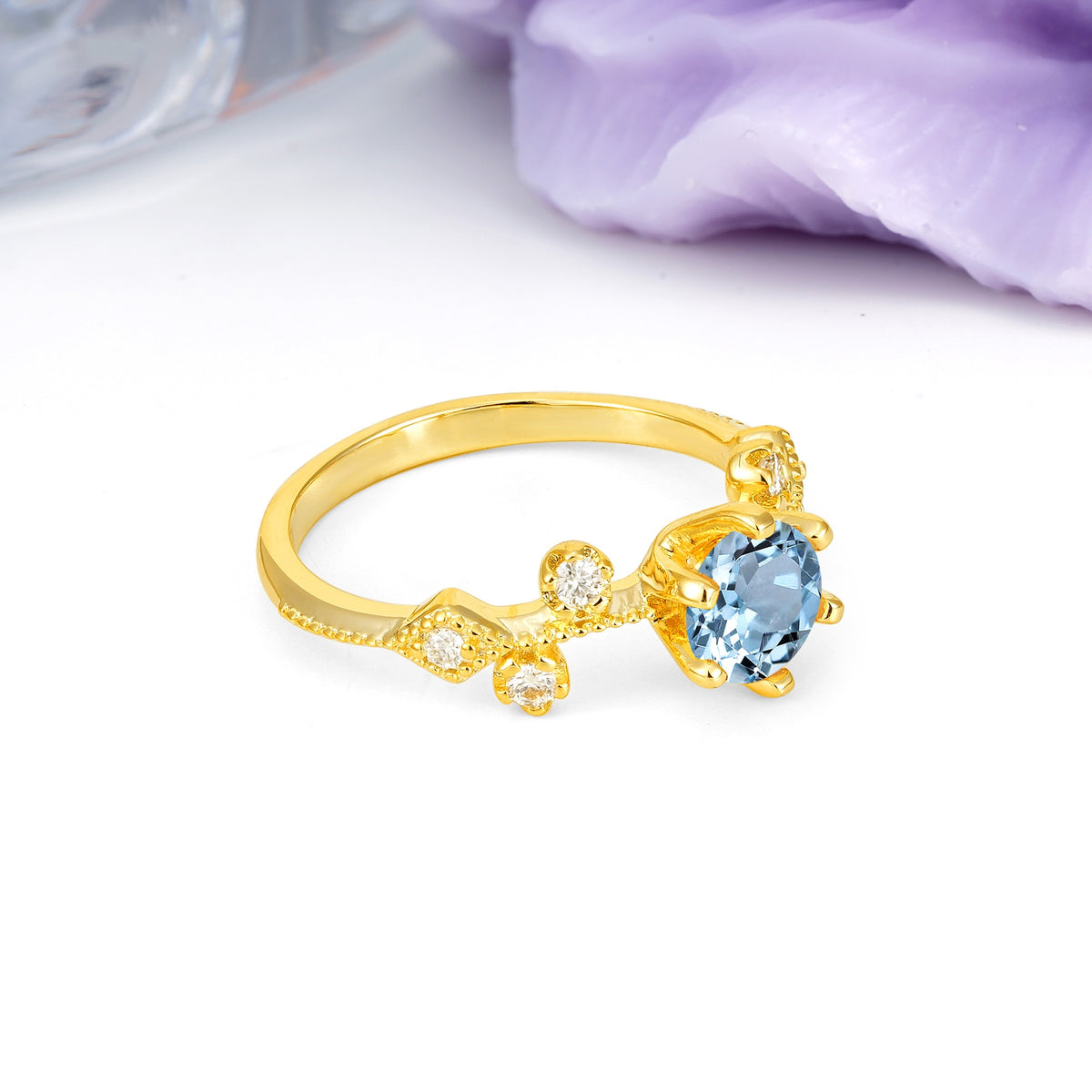 Classic, Minimalist 6-Prong Round Cut Aquamarine Engagement Ring - Additional view