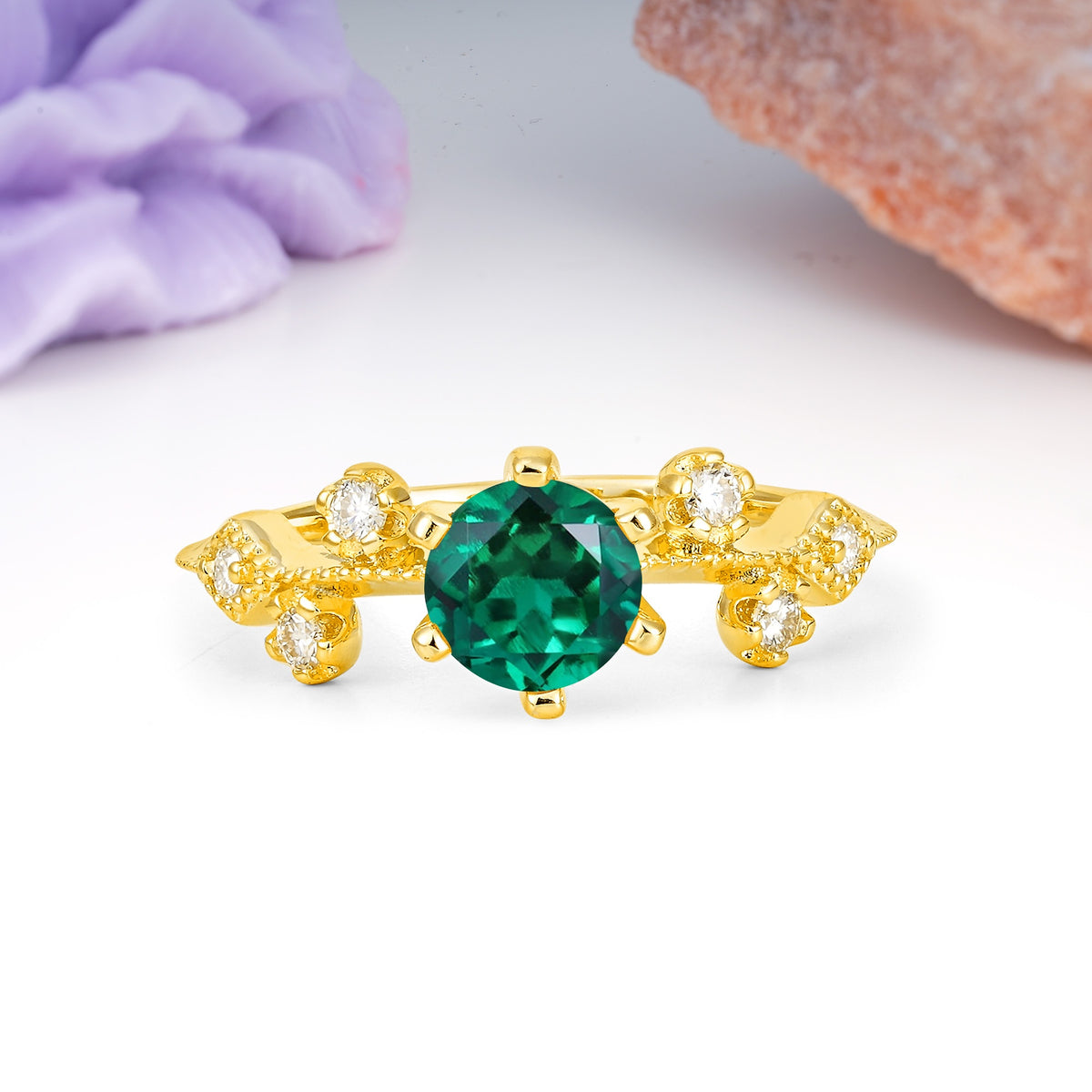 Classic, Minimalist 6-Prong Round Cut Emerald Engagement Ring - Additional view
