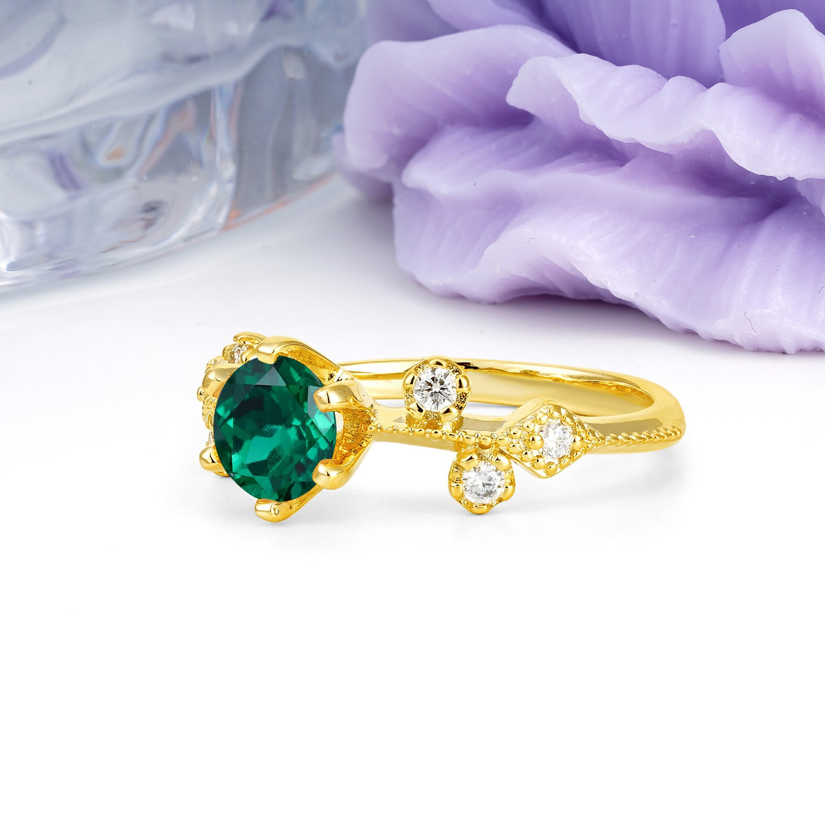 Classic, Minimalist 6-Prong Round Cut Emerald Engagement Ring - Additional view