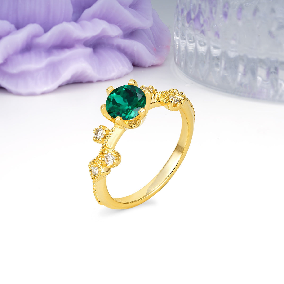 Classic, Minimalist 6-Prong Round Cut Emerald Engagement Ring - Additional view